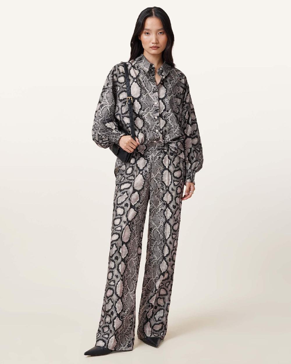 All Saints Charli Wide Leg Snake Print Pants Flow Ecru White