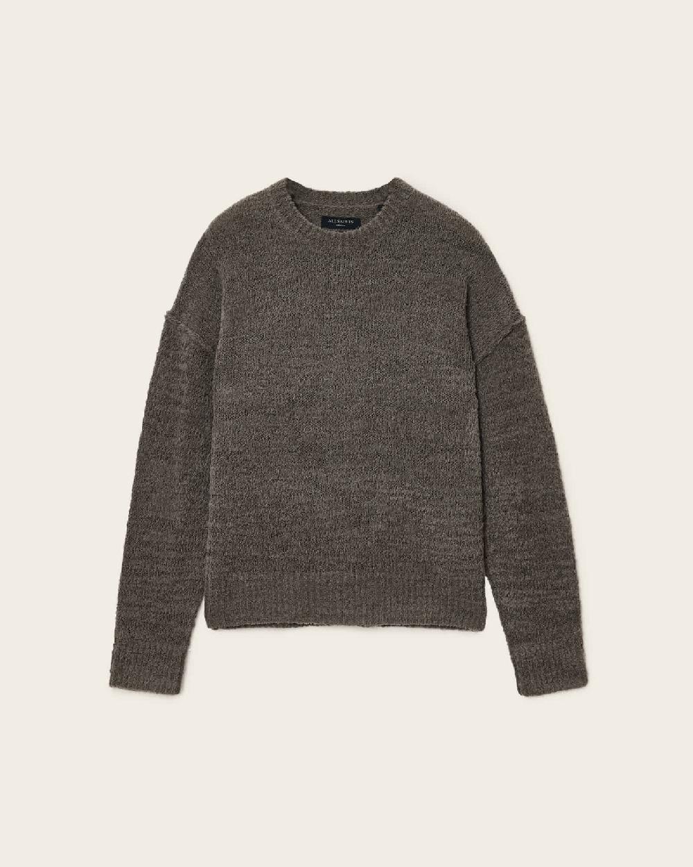All Saints Chillion Boxy Oversized Crew Neck Sweater Khaki Brown