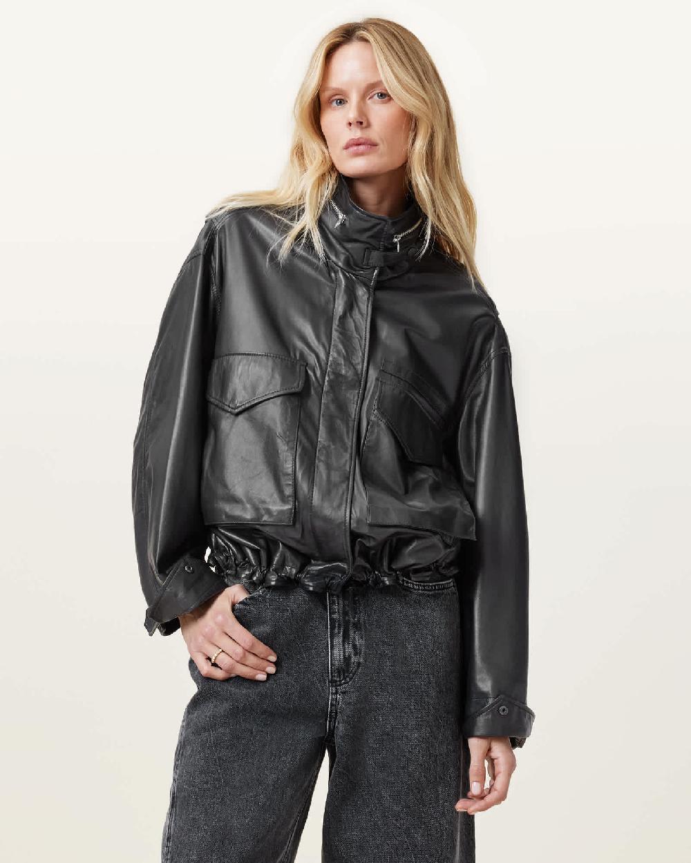 All Saints Clay Funnel Neck Cropped Leather Jacket Black