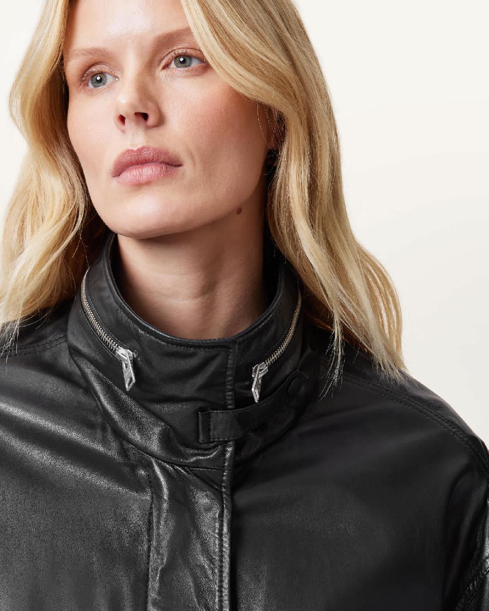 All Saints Clay Funnel Neck Cropped Leather Jacket Black