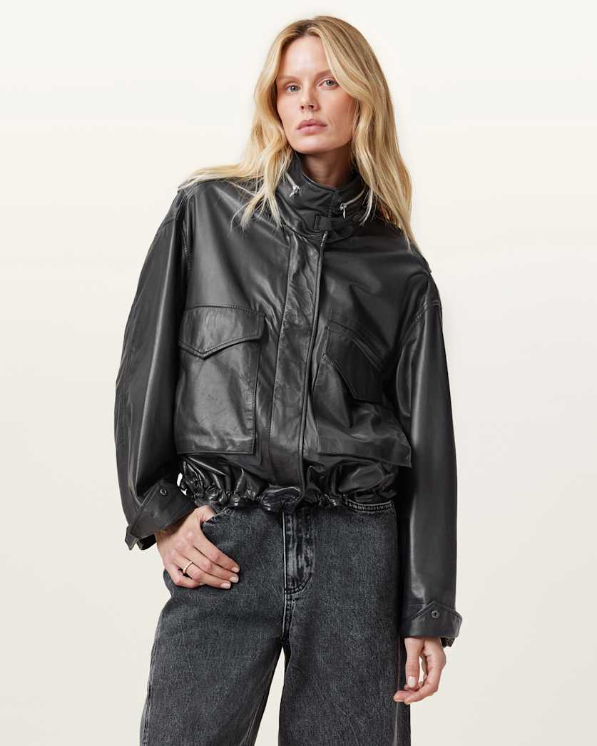 all saints Clay Funnel Neck Cropped Leather Jacket Black