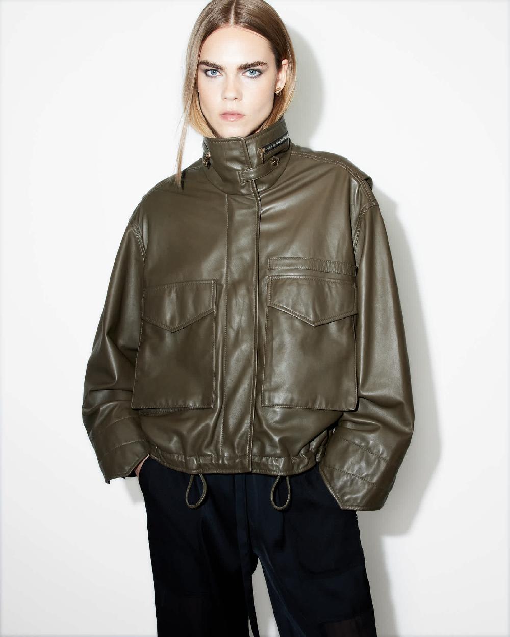 All Saints Clay Funnel Neck Cropped Leather Jacket Khaki Green