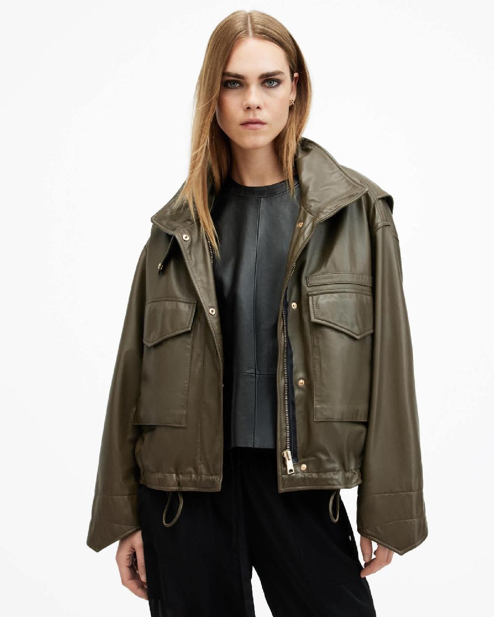 All Saints Clay Funnel Neck Cropped Leather Jacket Khaki Green