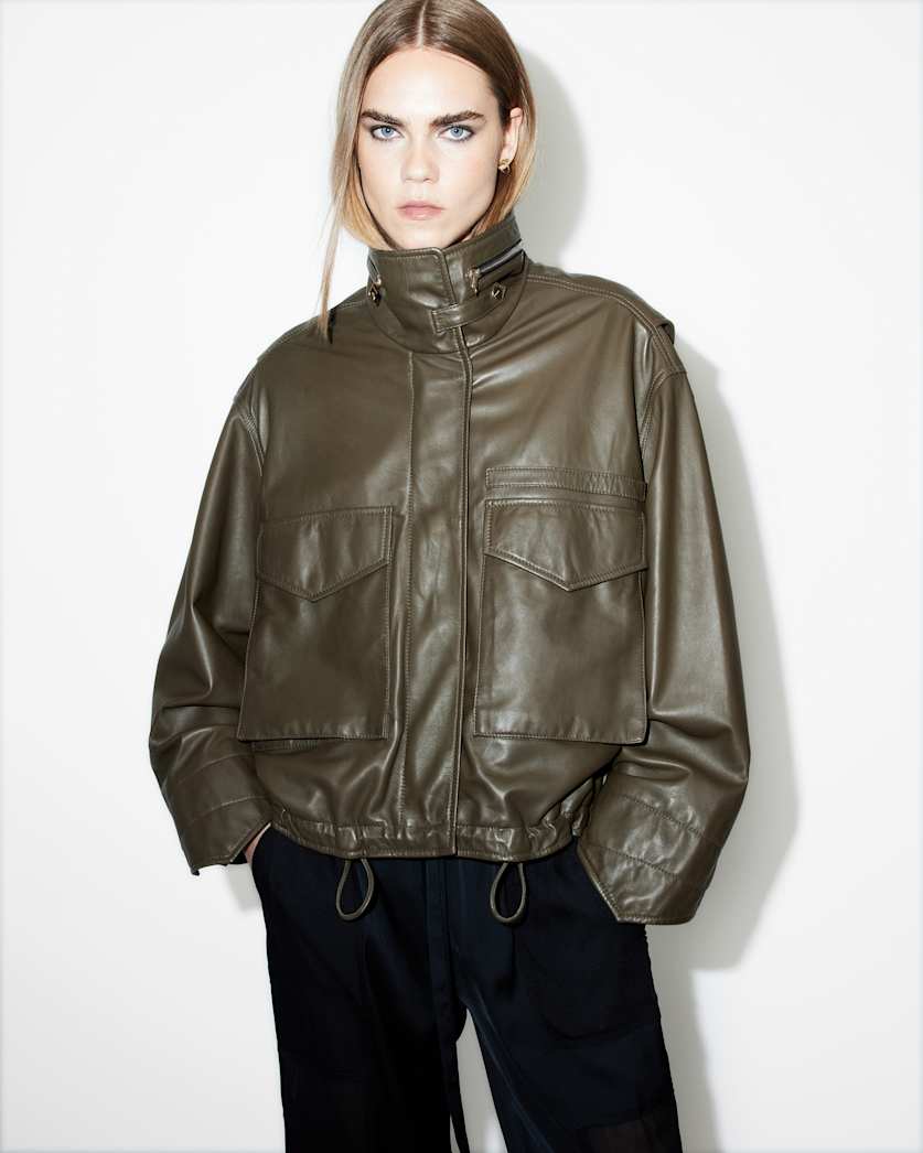 all saints Clay Funnel Neck Cropped Leather Jacket Khaki Green