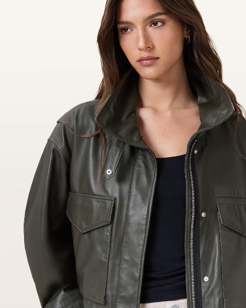 All Saints Clay Funnel Neck Cropped Leather Jacket Military Green