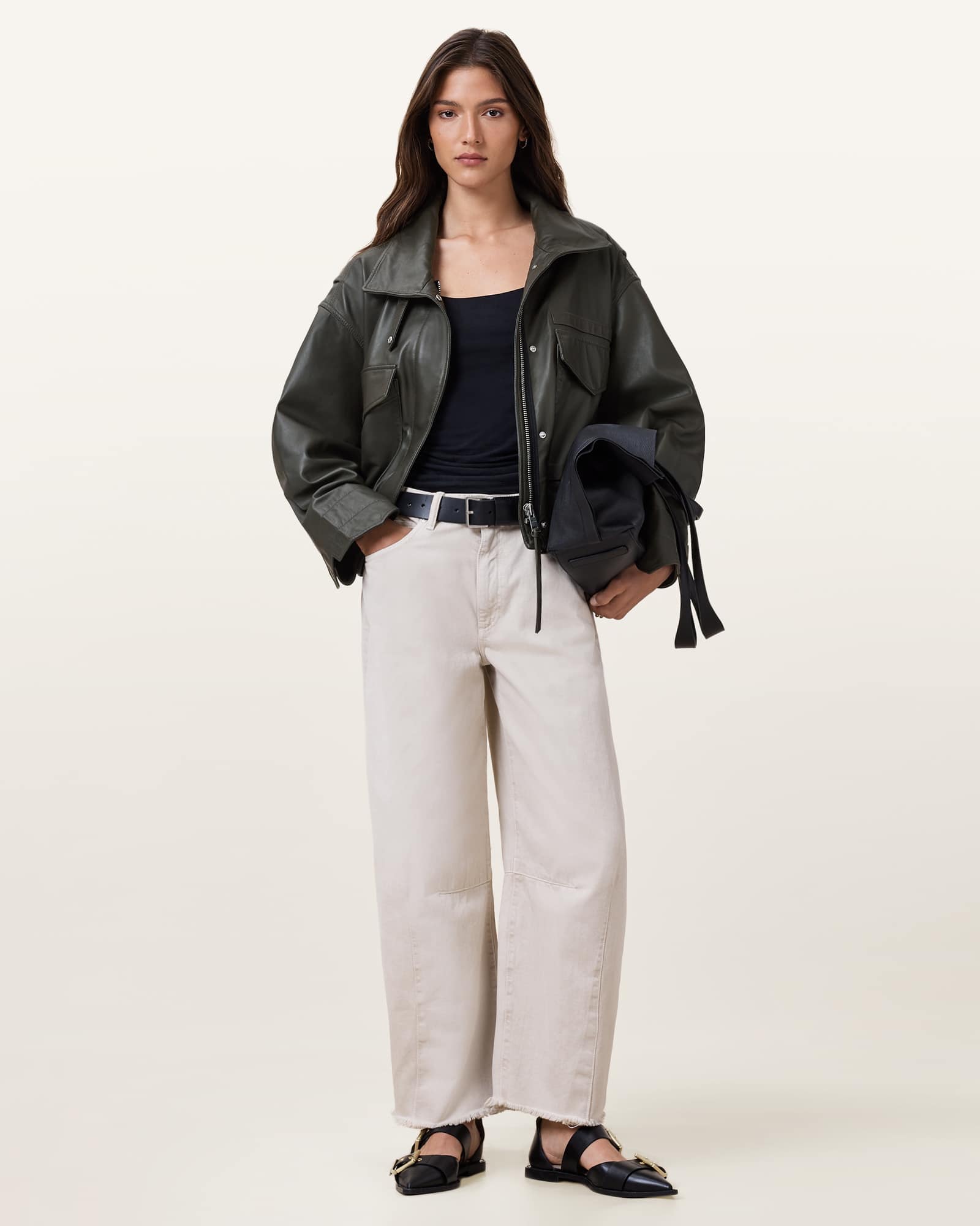 All Saints Clay Funnel Neck Cropped Leather Jacket Military Green