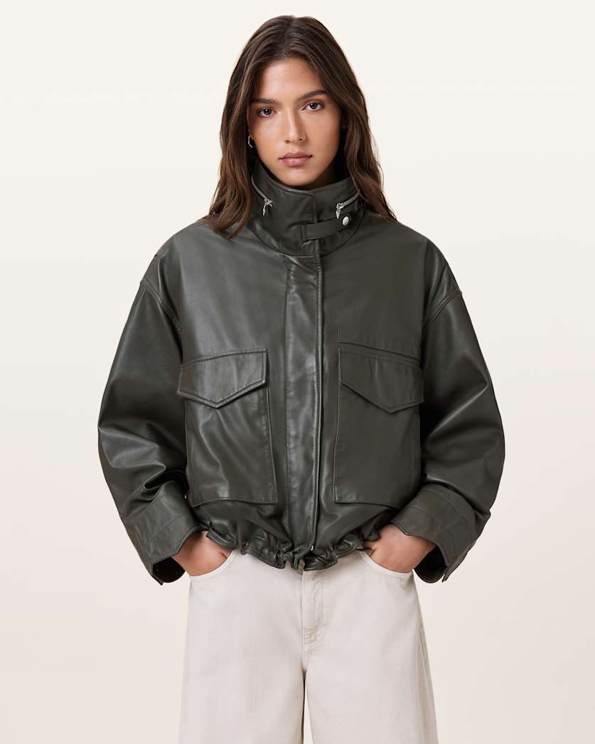 all saints Clay Funnel Neck Cropped Leather Jacket Military Green