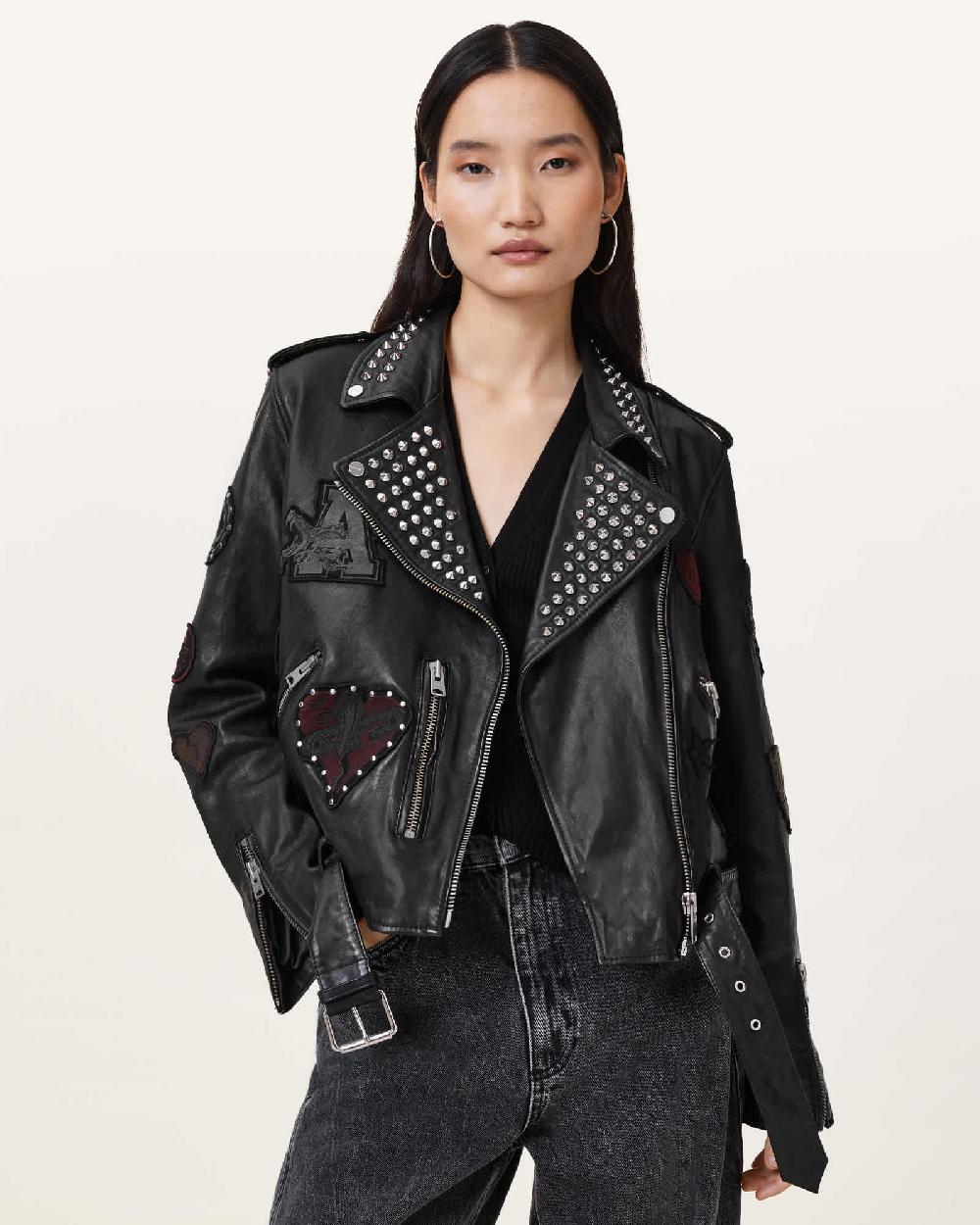 All Saints College Relaxed Fit Leather Biker Jacket Black