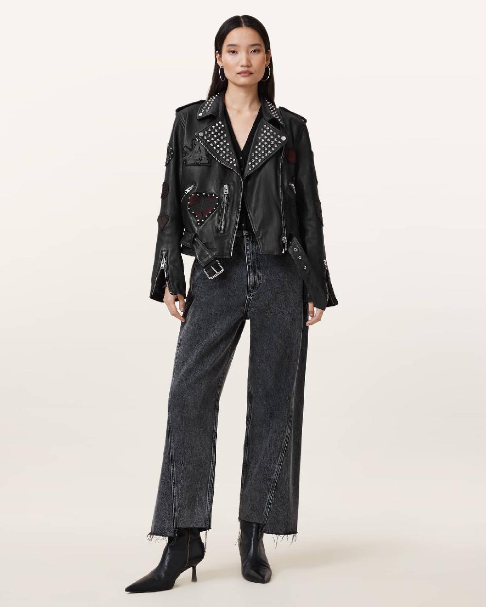 All Saints College Relaxed Fit Leather Biker Jacket Black