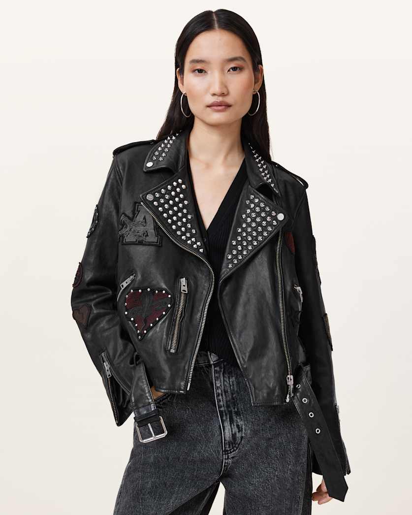 all saints College Relaxed Fit Leather Biker Jacket Black