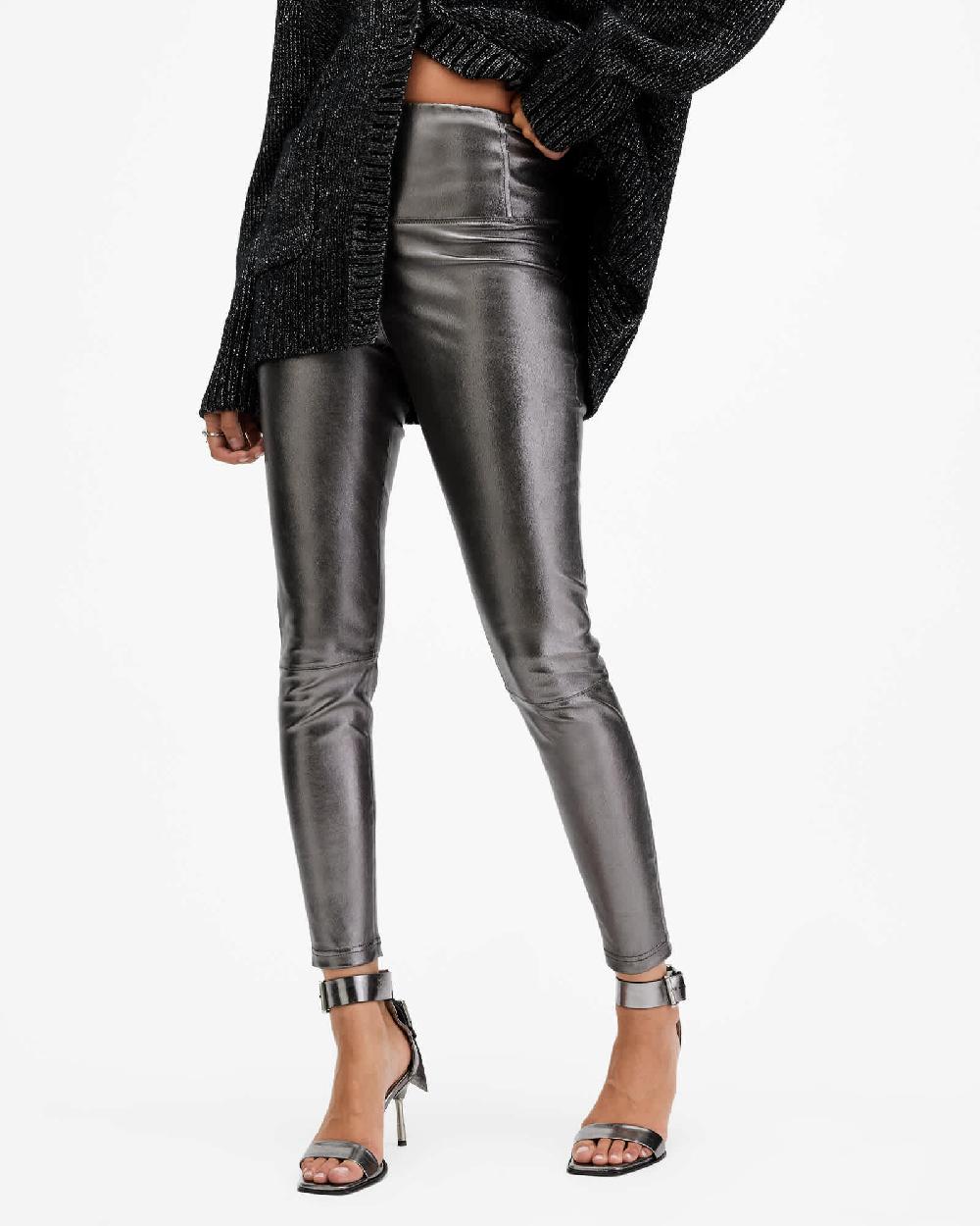 All Saints Cora High-Rise Leather Leggings Gunmetal