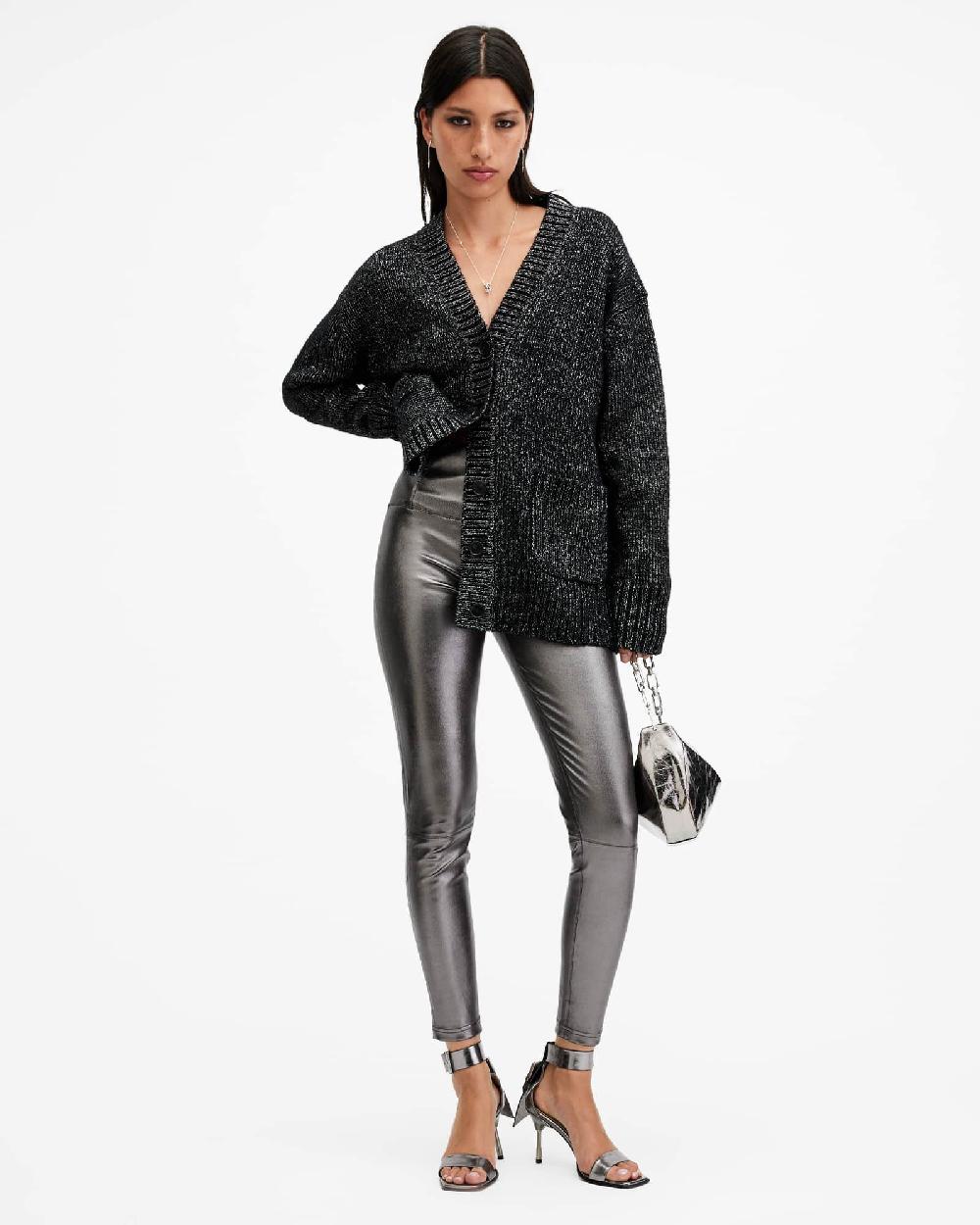 All Saints Cora High-Rise Leather Leggings Gunmetal
