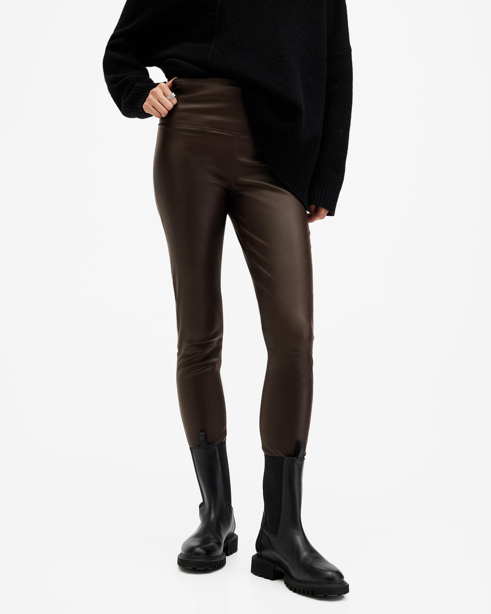 All Saints Cora High-Rise Leather Leggings Oxblood Red