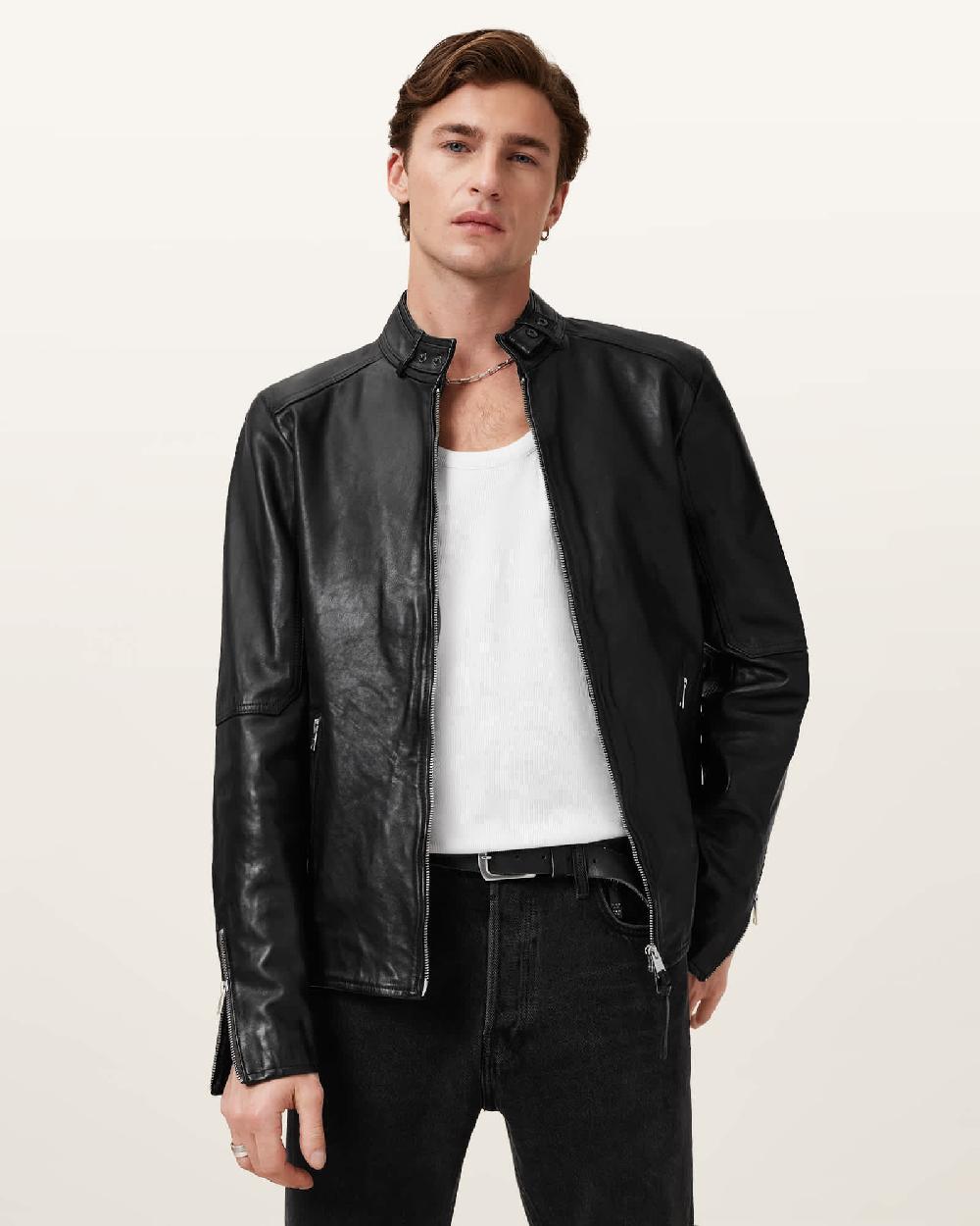 All Saints Cora Leather Snap Back Collar Jacket Jet Black