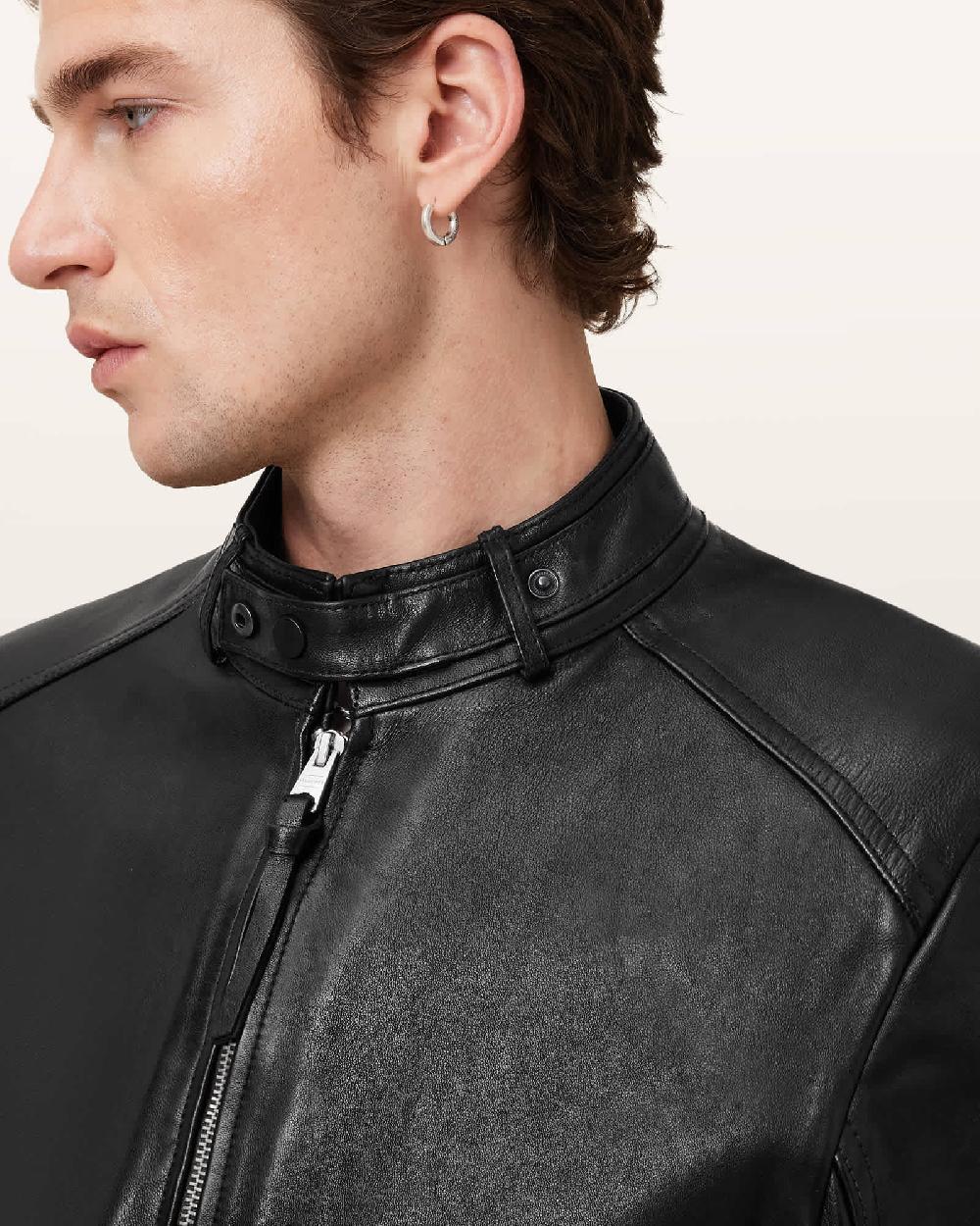 All Saints Cora Leather Snap Back Collar Jacket Jet Black