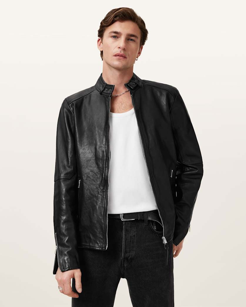 all saints Cora Leather Snap Back Collar Jacket Jet Black