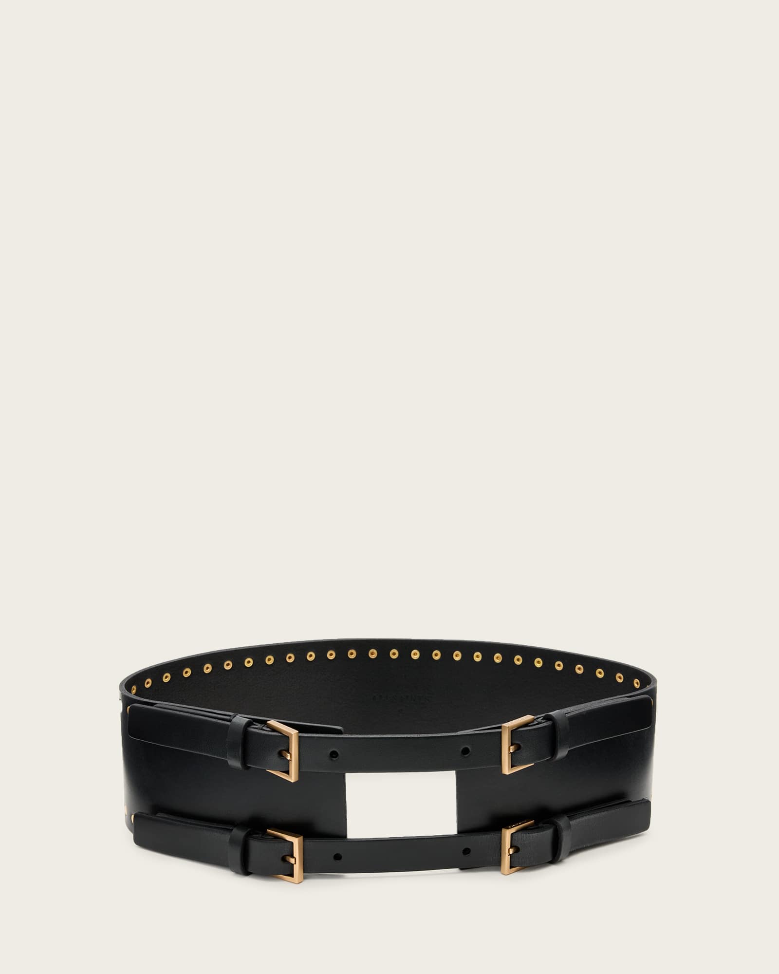 All Saints Cora Leather Waist Belt BLACK/WARM BRASS