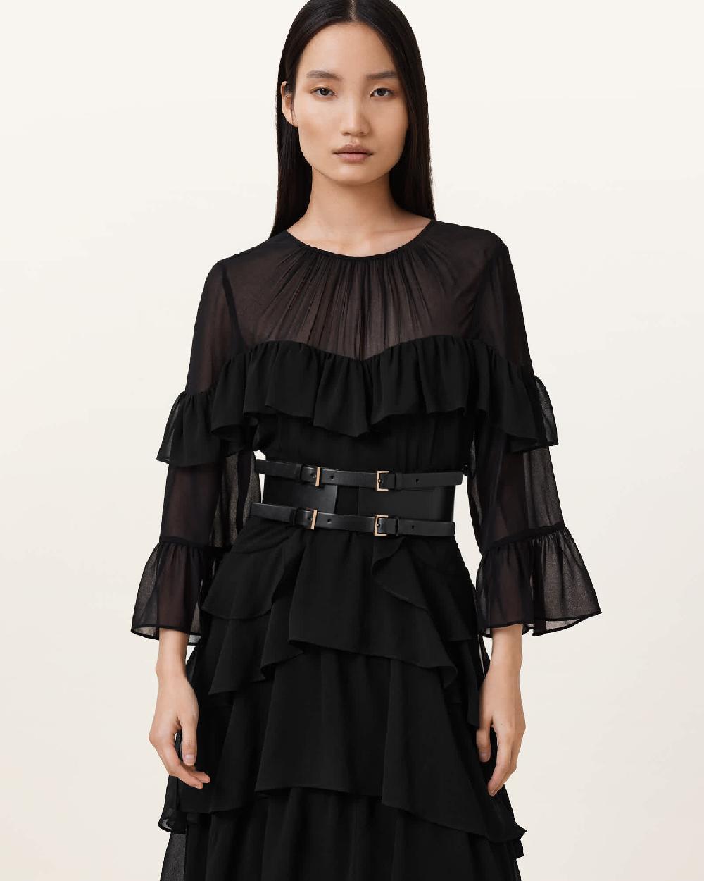 All Saints Cora Leather Waist Belt BLACK/WARM BRASS