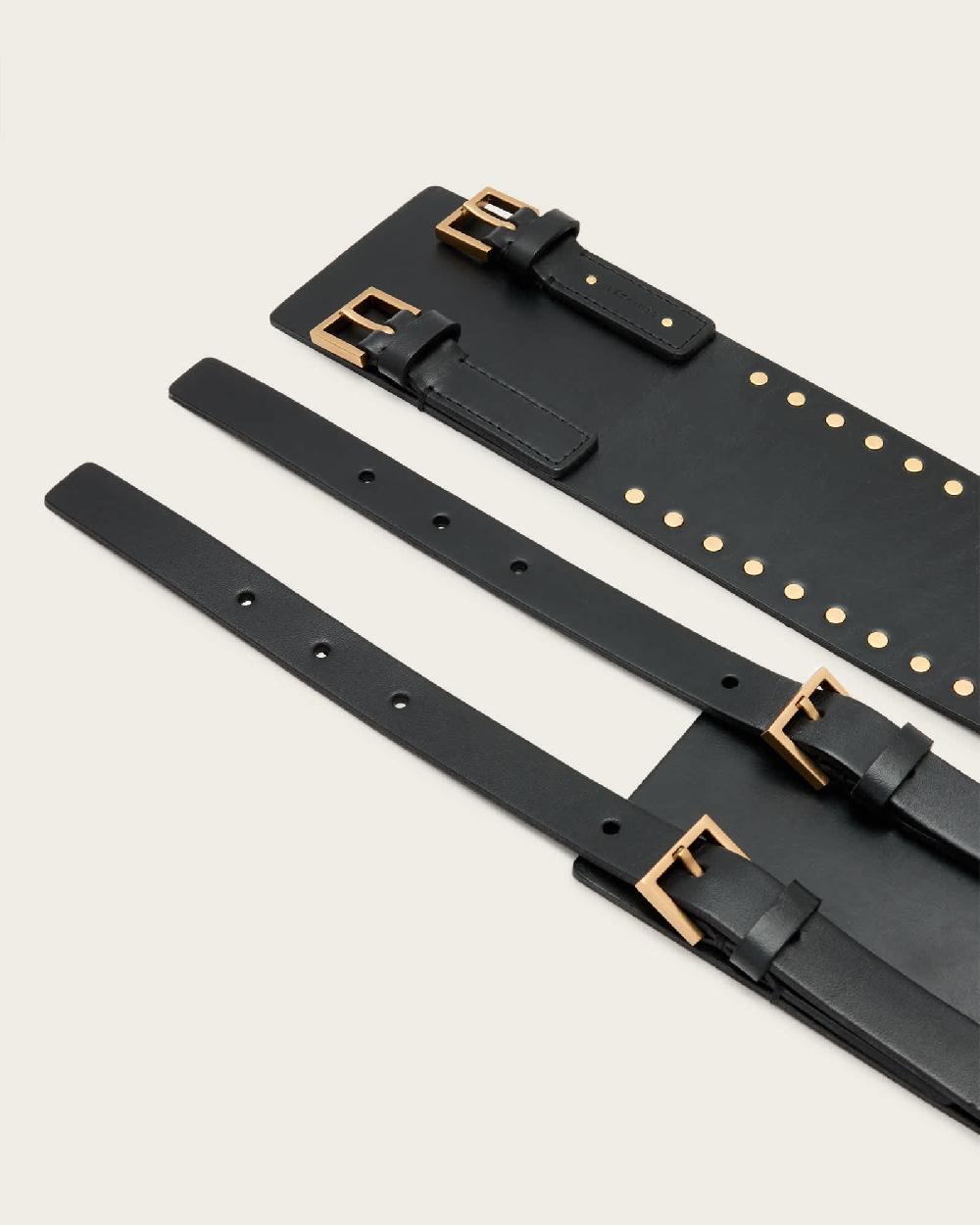 All Saints Cora Leather Waist Belt BLACK/WARM BRASS