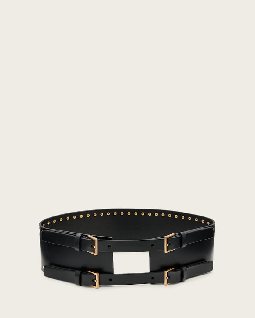 all saints Cora Leather Waist Belt BLACK/WARM BRASS