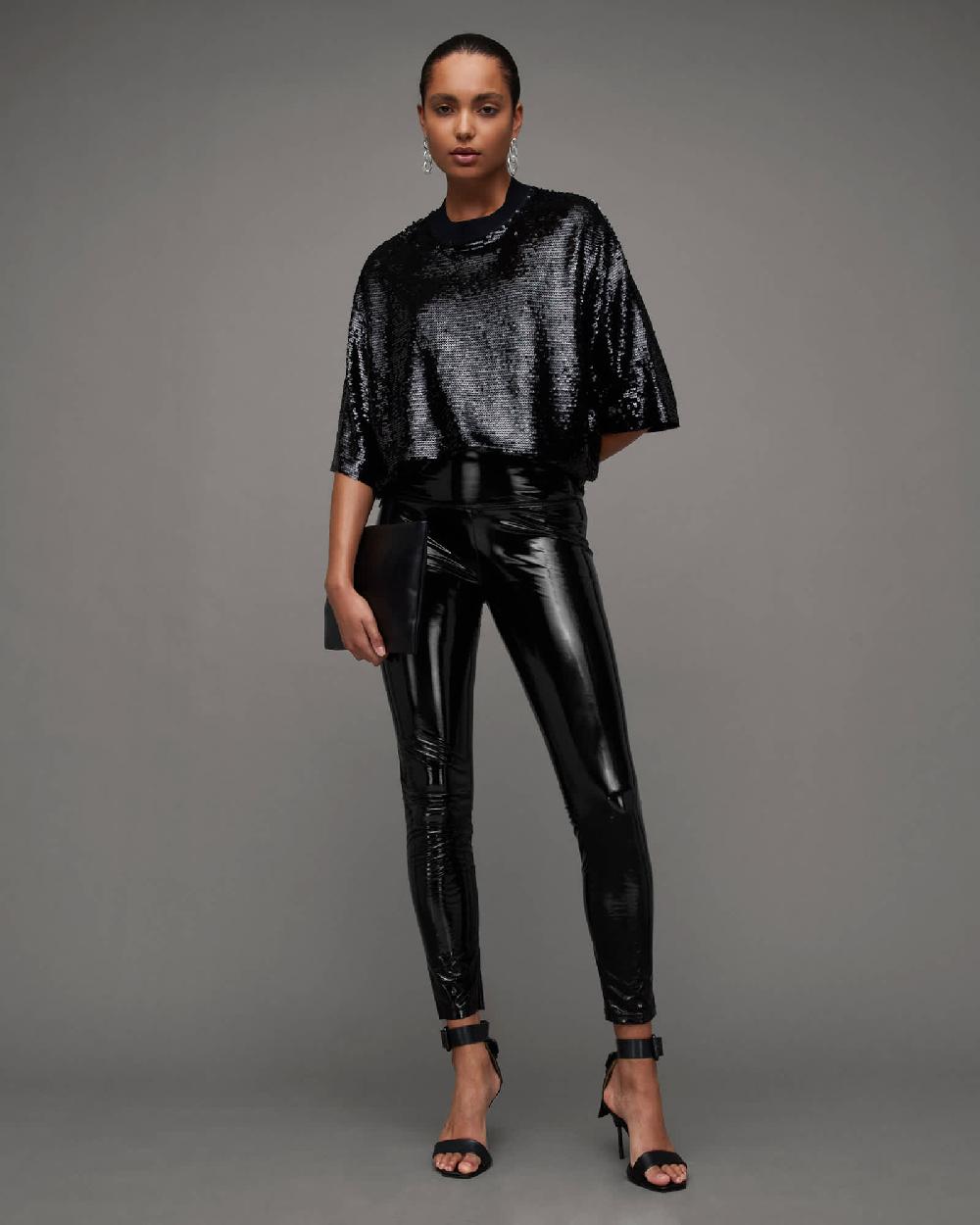 All Saints Cora Shine Leather-Look Skinny Leggings Black