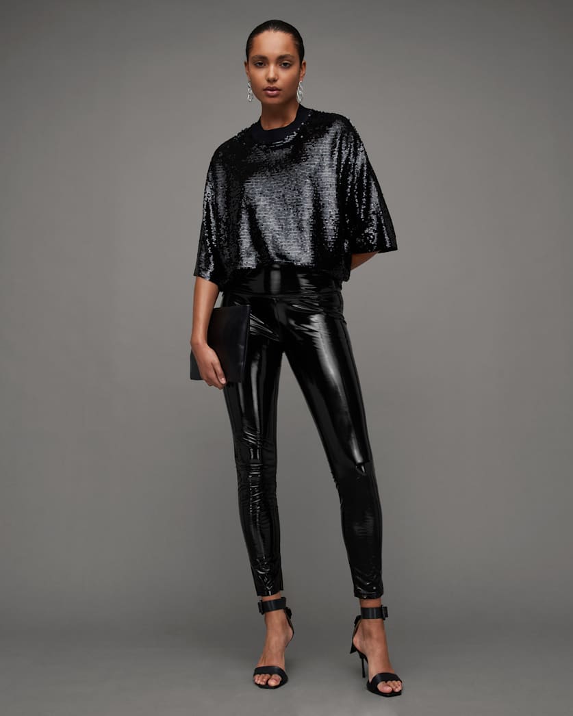 all saints Cora Shine Leather-Look Skinny Leggings Black