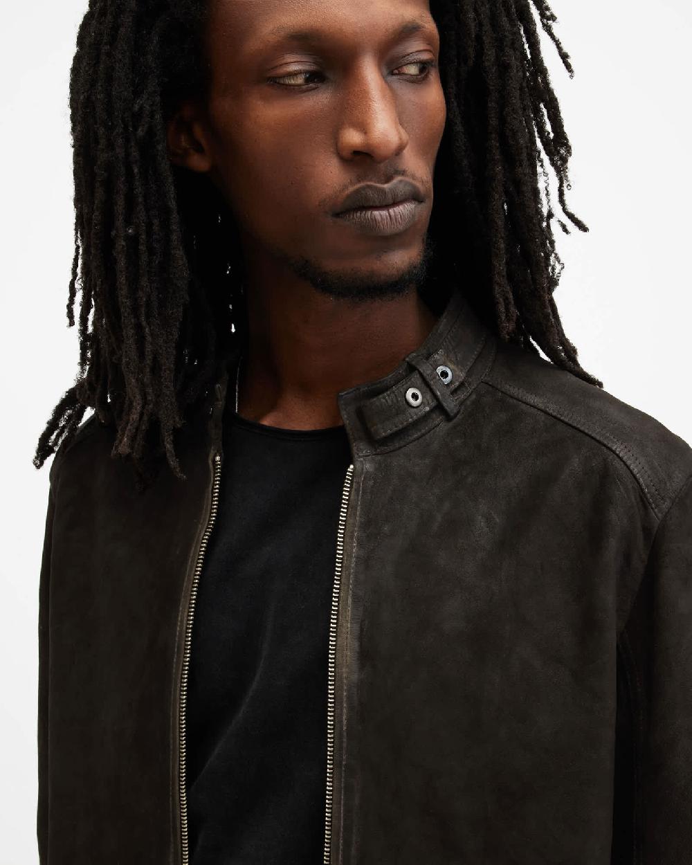 All Saints Cora Suede Snap Back Collar Jacket Anthracite Grey