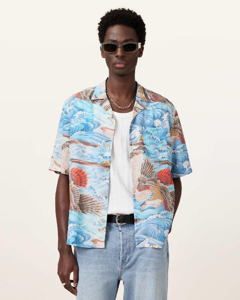 All Saints Corsican Relaxed Fit Hawaiian Shirt Willow Blue