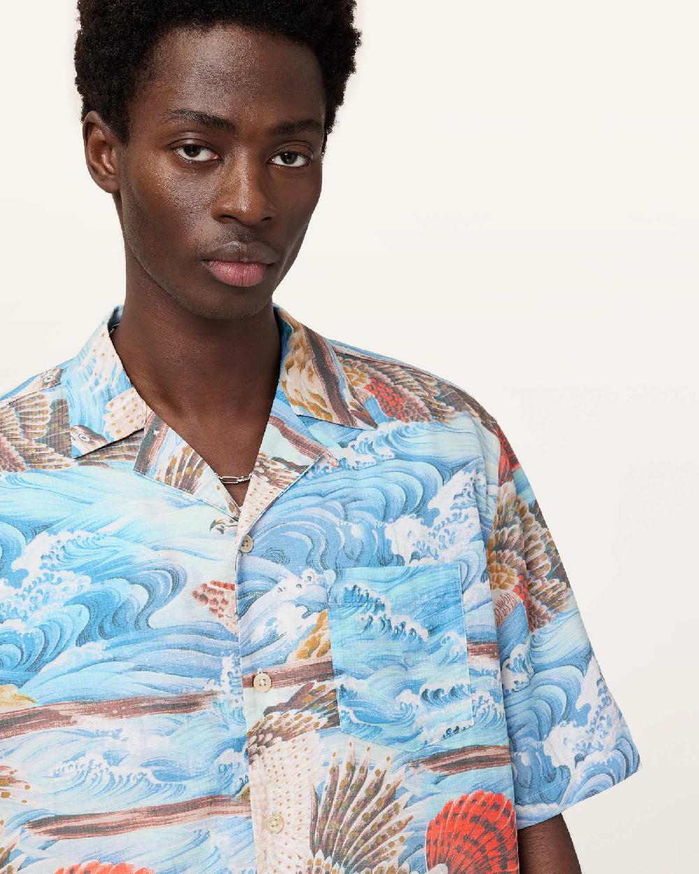All Saints Corsican Relaxed Fit Hawaiian Shirt Willow Blue