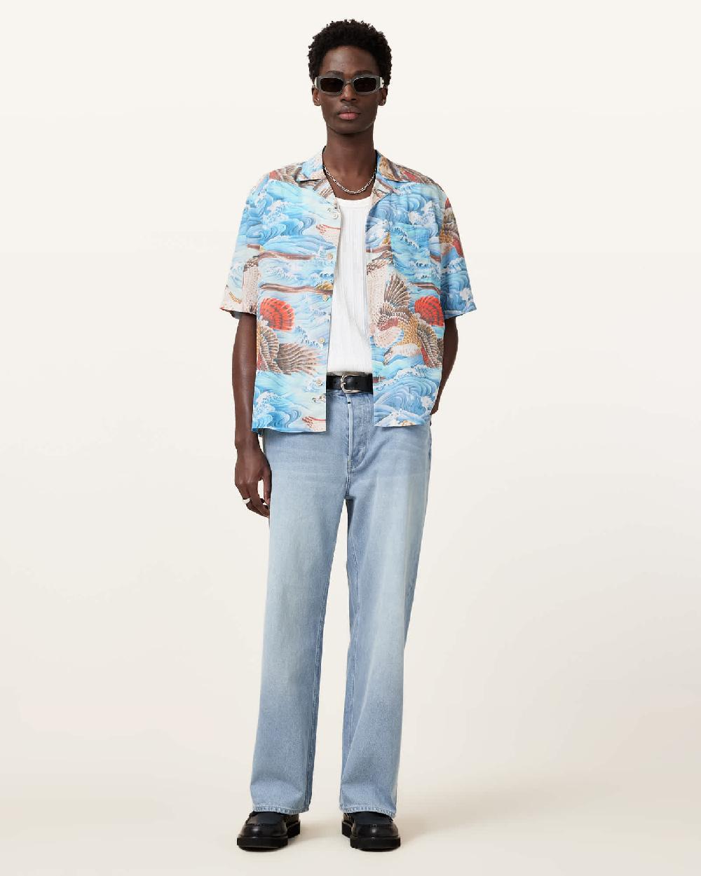 All Saints Corsican Relaxed Fit Hawaiian Shirt Willow Blue