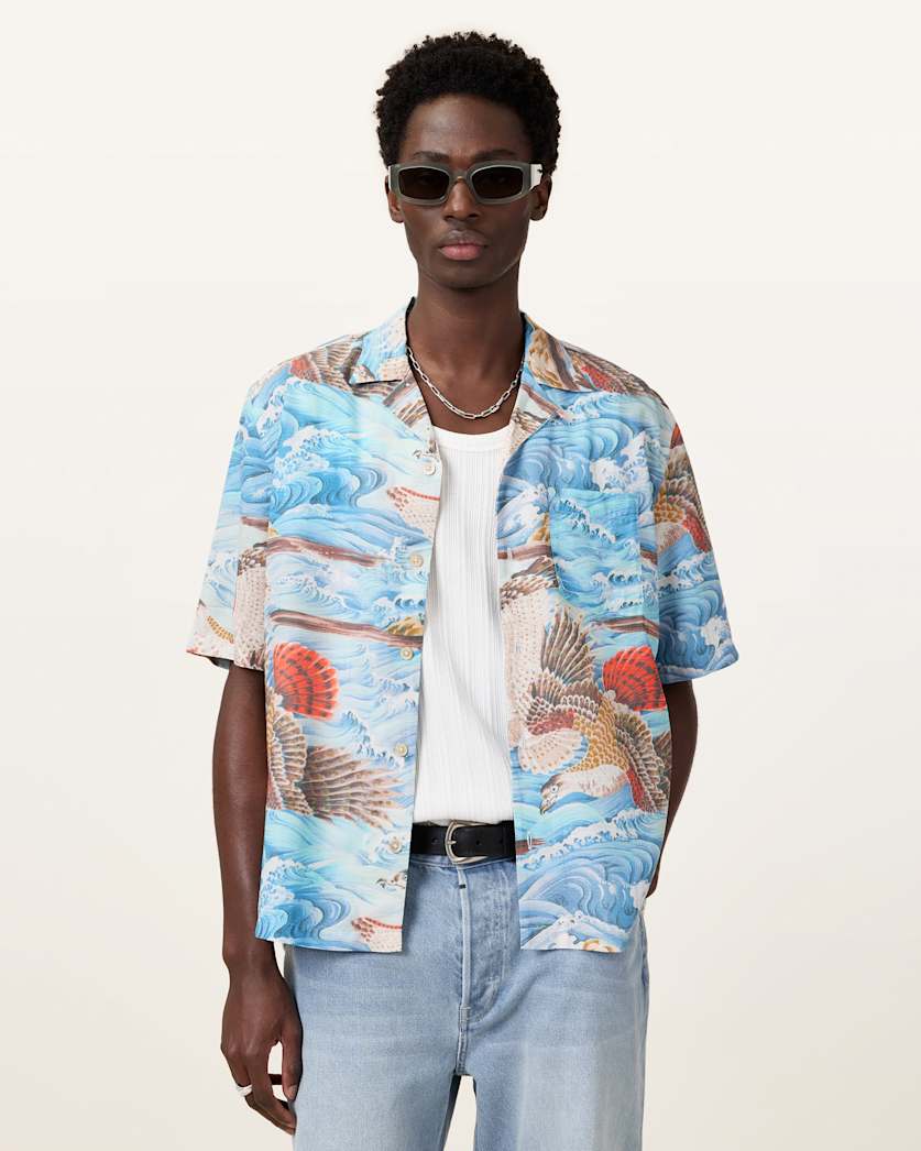 all saints Corsican Relaxed Fit Hawaiian Shirt Willow Blue