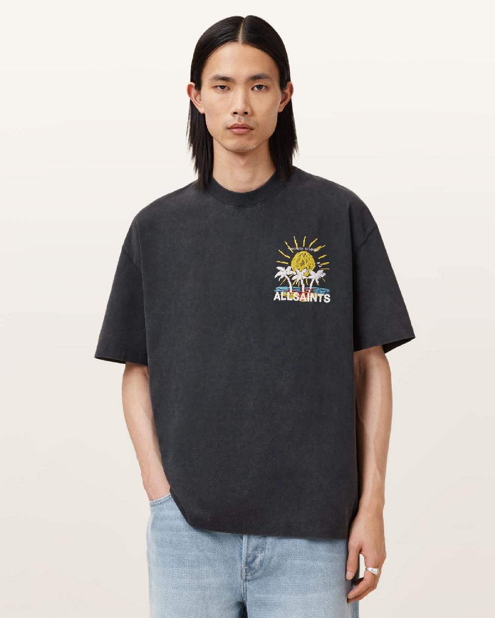 All Saints Cove Crayon Graphic Oversized T-Shirt Washed Black