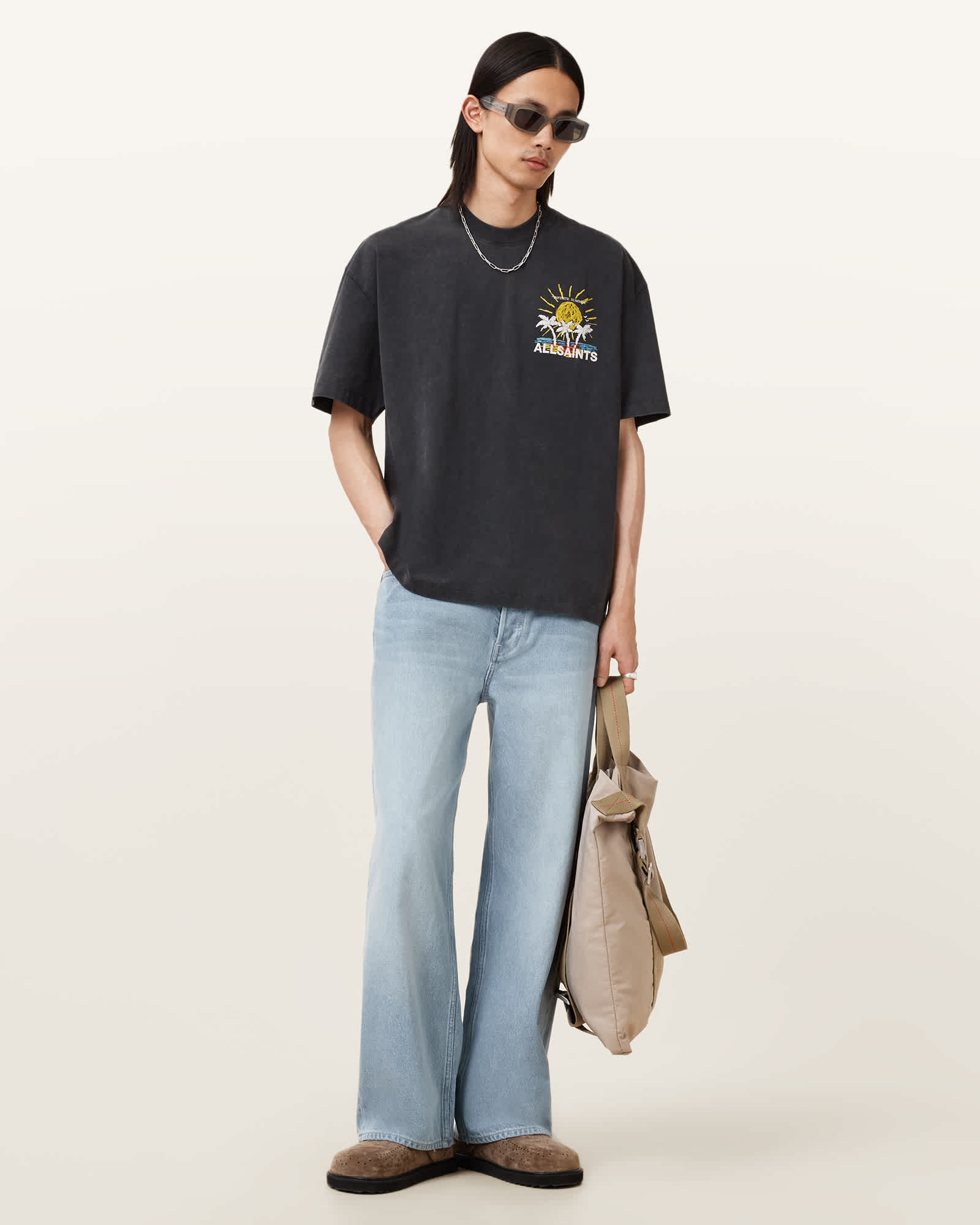 All Saints Cove Crayon Graphic Oversized T-Shirt Washed Black