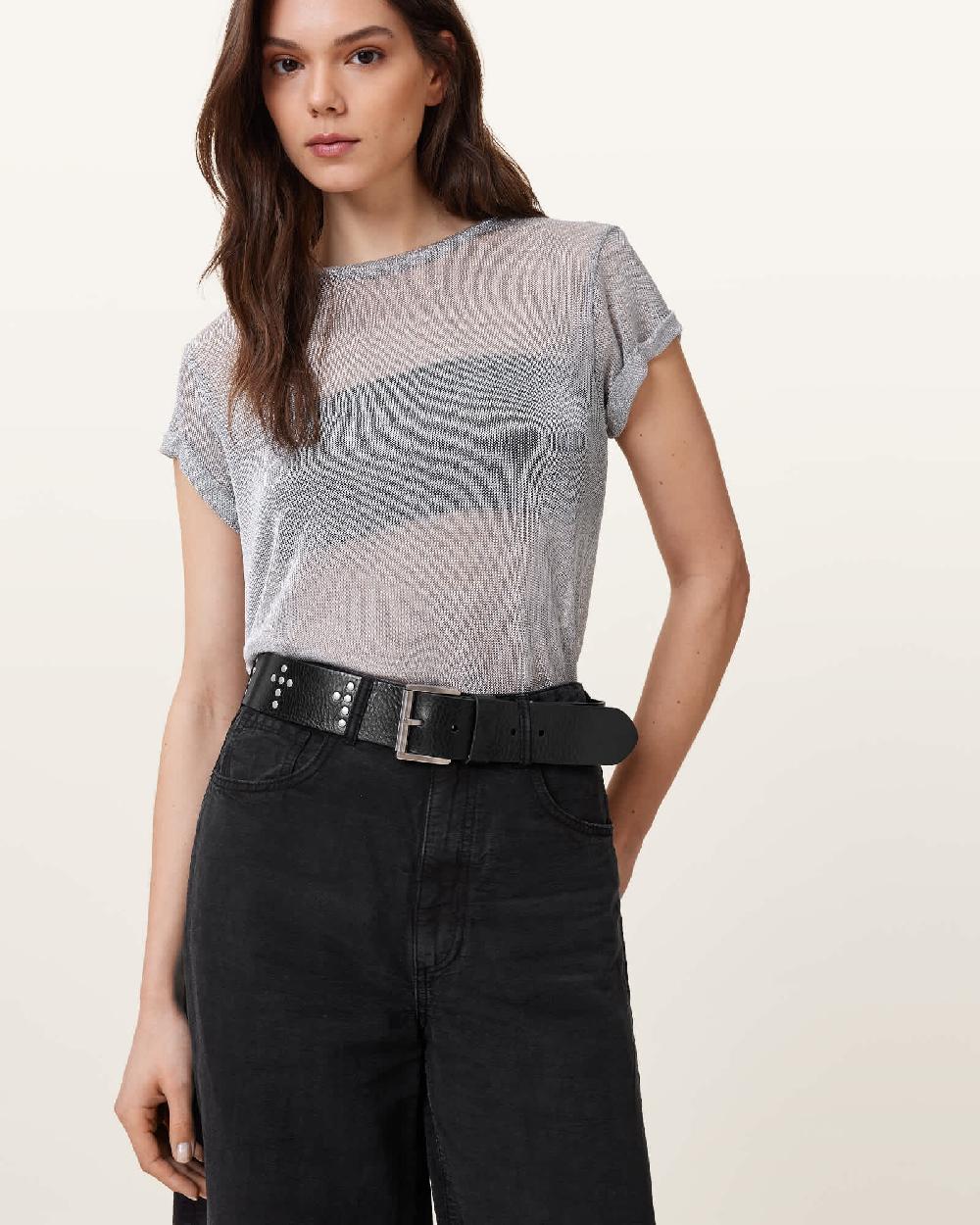 All Saints Cross Maxx Leather Belt BLACK/ANTQ NICKEL