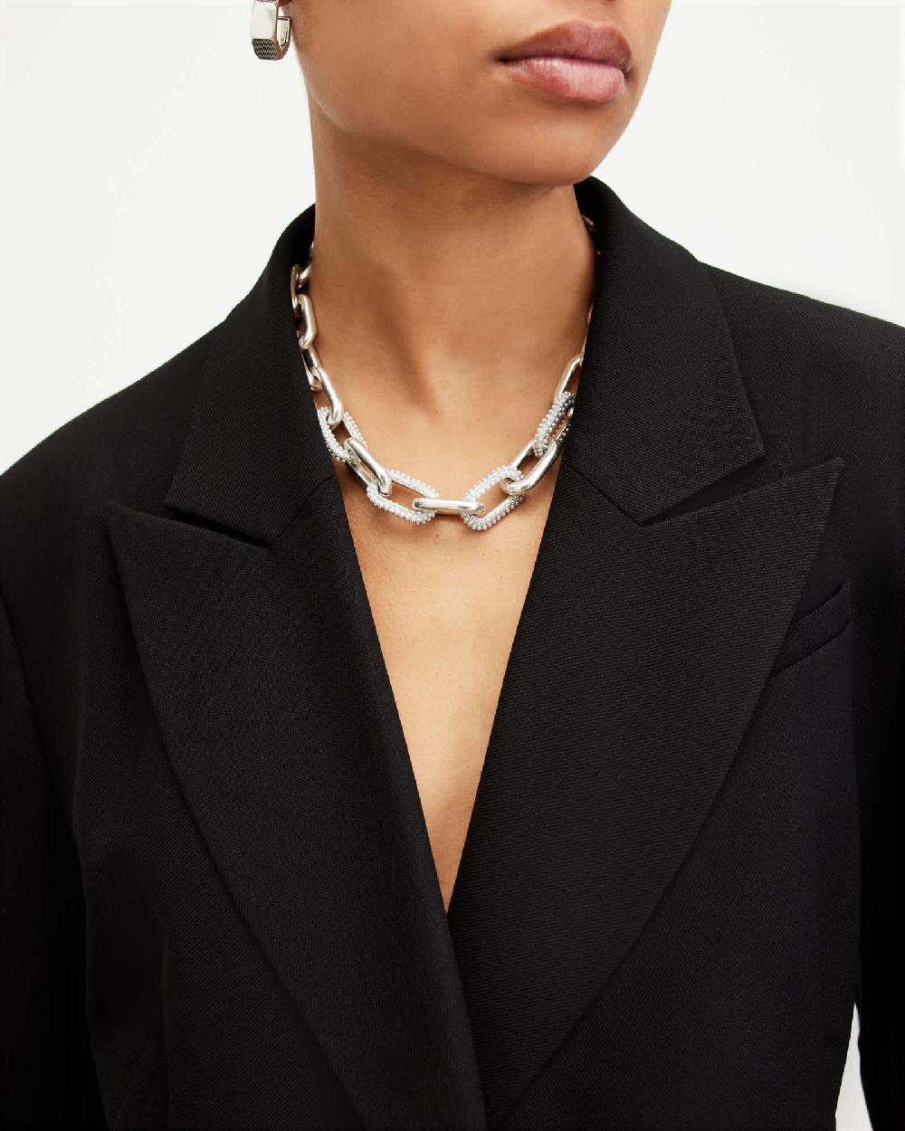 All Saints Cydney Chunky Oval Link Necklace WARM SILVER/WHITE