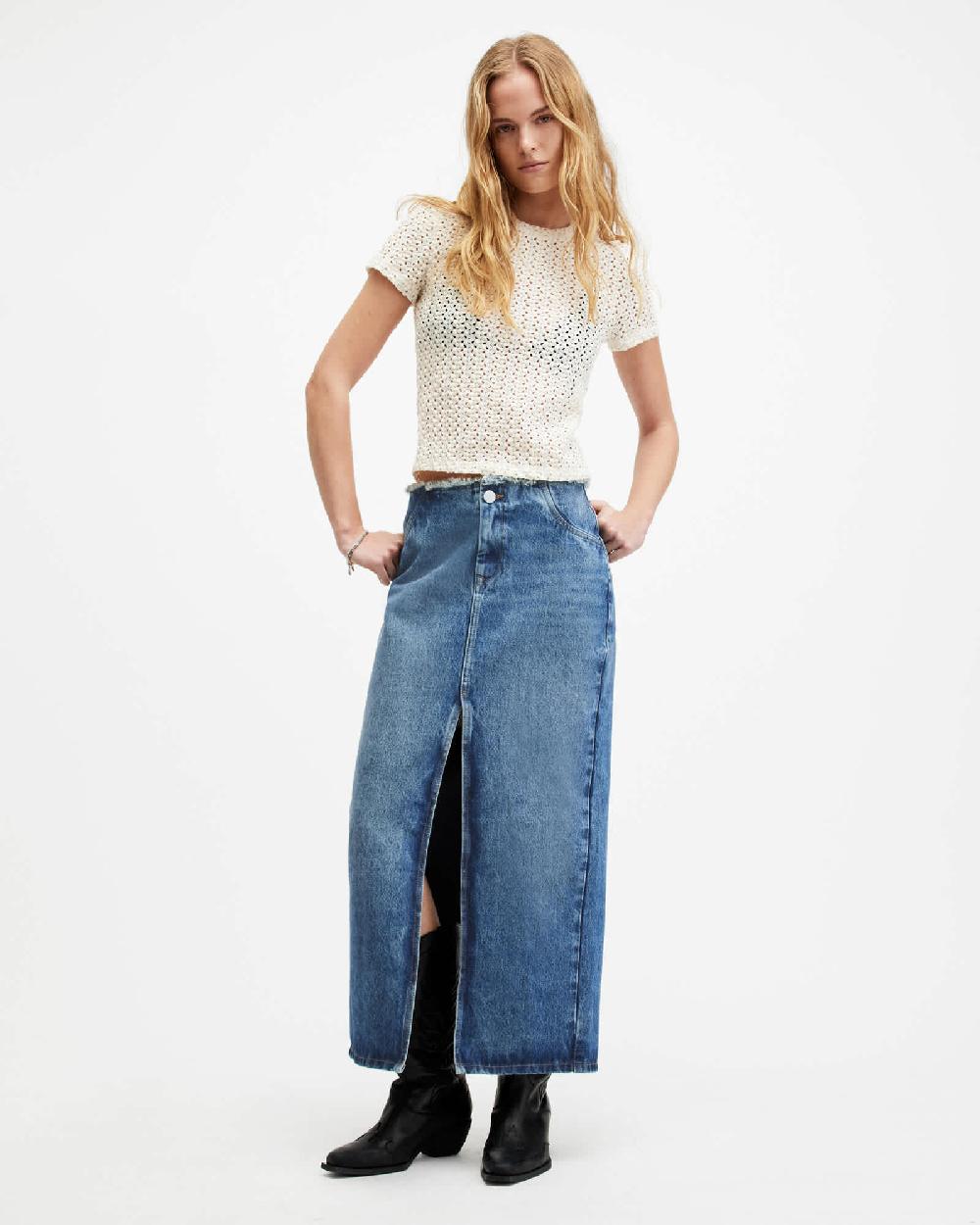 All Saints Cyra Frayed Waistband Maxi Denim Skirt Mid Indigo