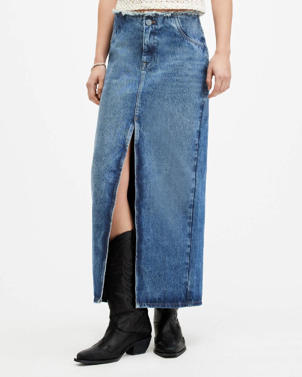 All Saints Cyra Frayed Waistband Maxi Denim Skirt Mid Indigo