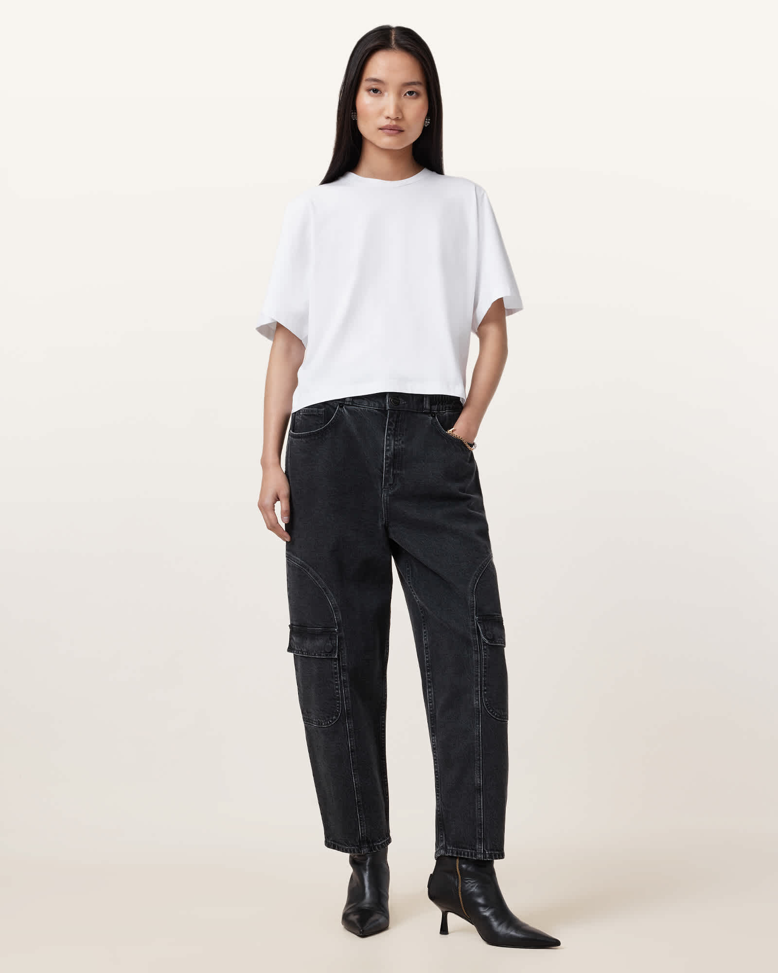 All Saints Daisy Mae Tapered Leg Cargo Denim Jeans Washed Black