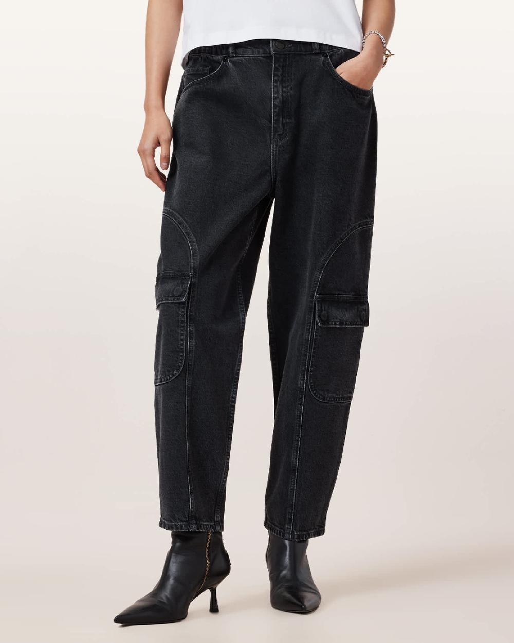 All Saints Daisy Mae Tapered Leg Cargo Denim Jeans Washed Black