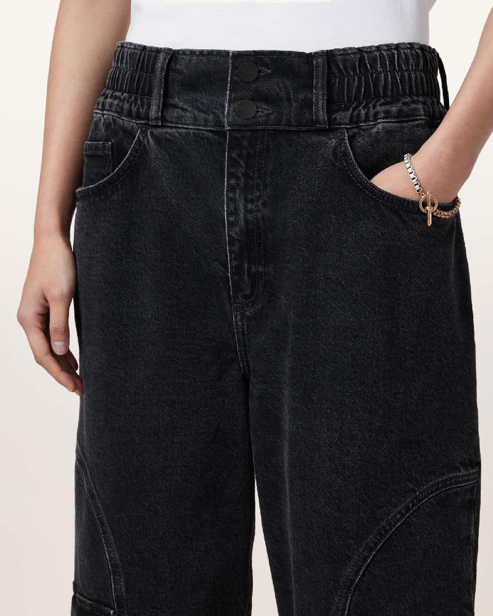 All Saints Daisy Mae Tapered Leg Cargo Denim Jeans Washed Black