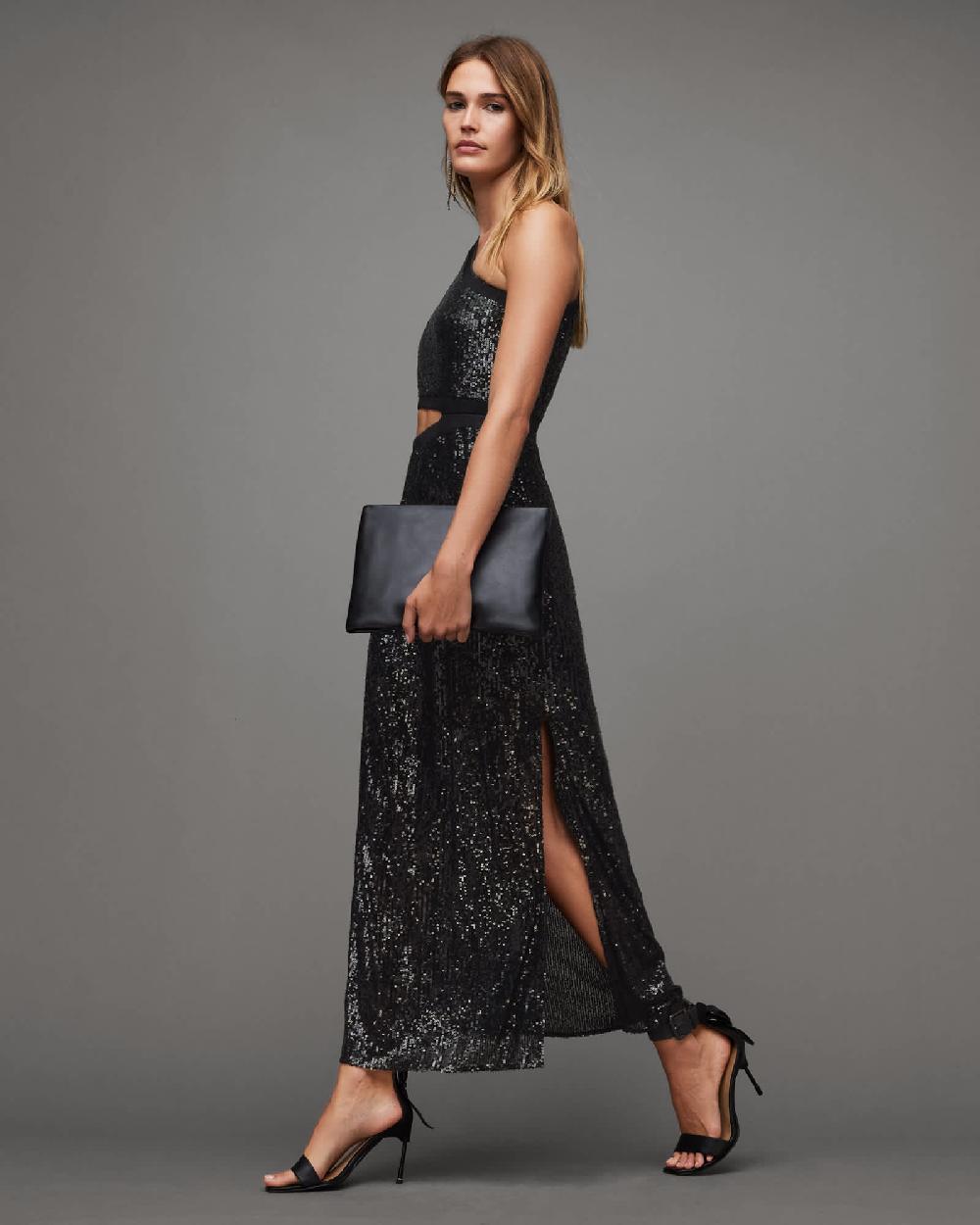 All Saints Daisy Topaz Sequin Cut Out Maxi Dress Black