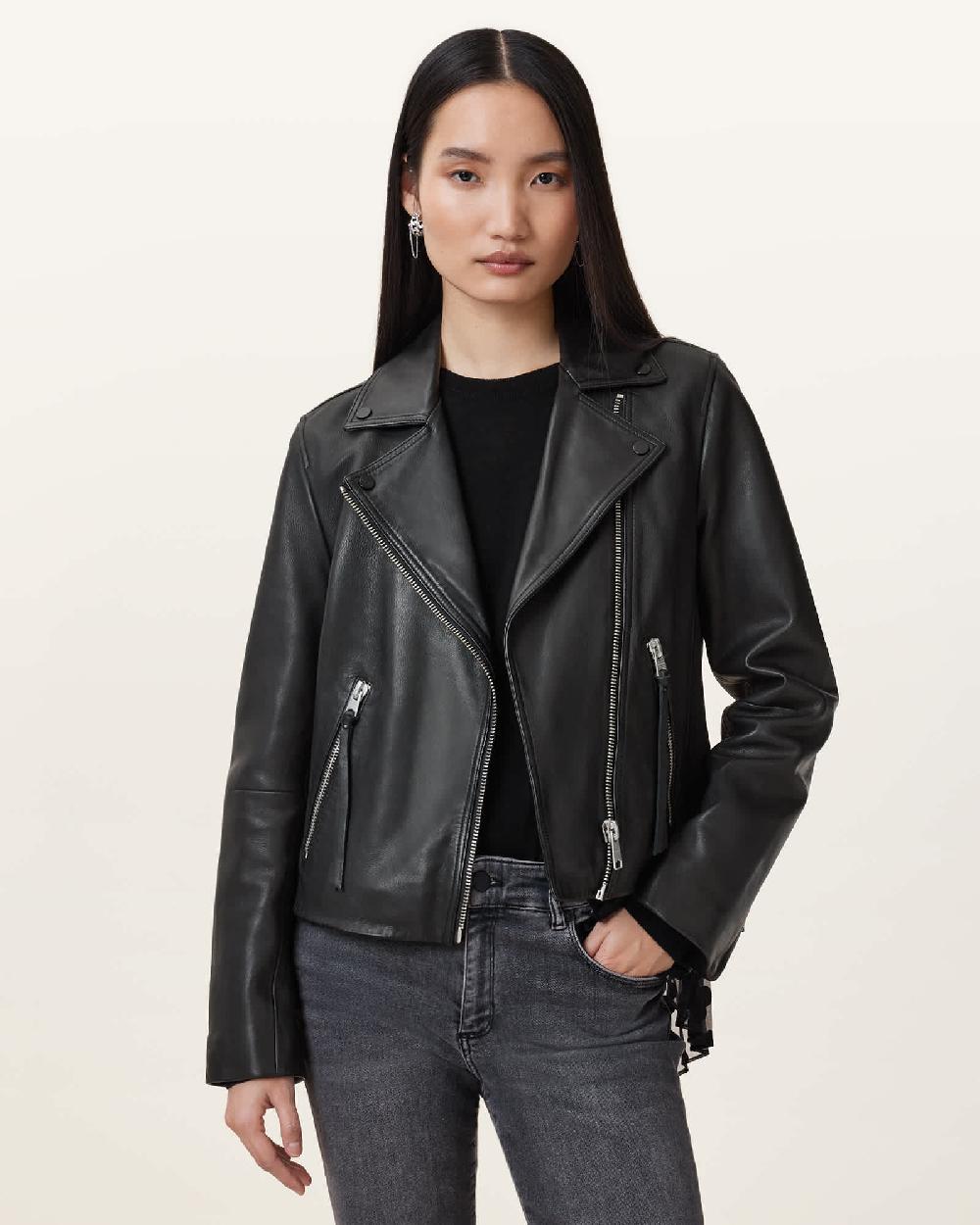 All Saints Dalby Slim Fit Leather Biker Jacket Black