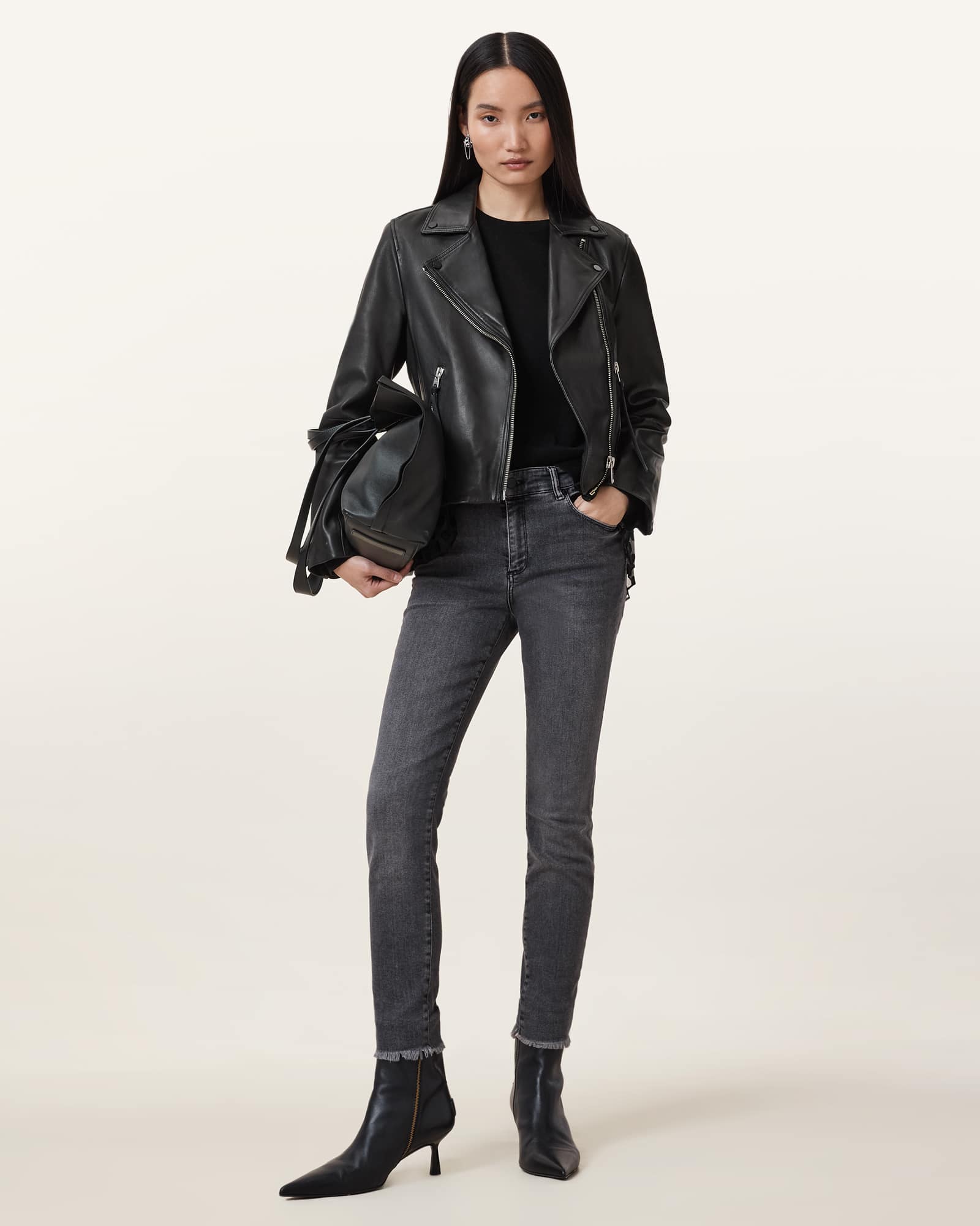 All Saints Dalby Slim Fit Leather Biker Jacket Black