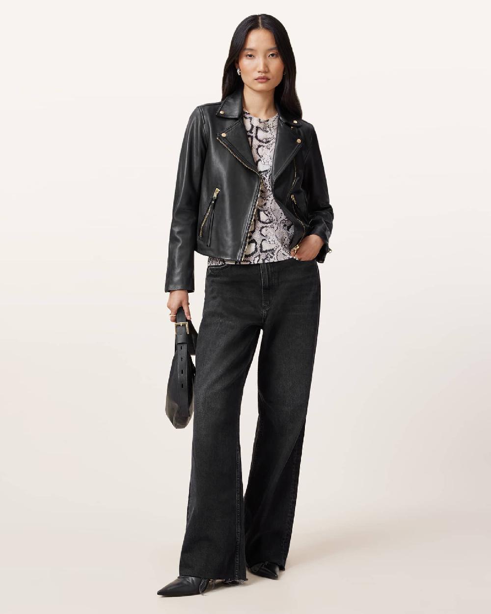 All Saints Dalby Slim Fit Leather Biker Jacket BLACK/GOLD