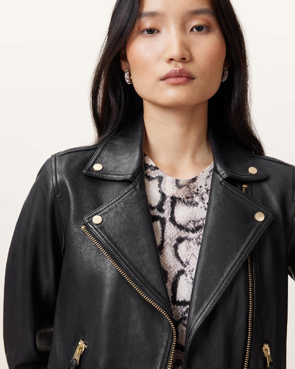 All Saints Dalby Slim Fit Leather Biker Jacket BLACK/GOLD