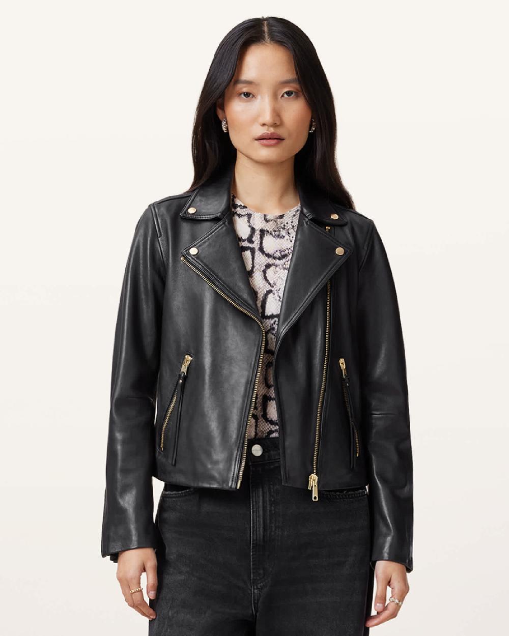All Saints Dalby Slim Fit Leather Biker Jacket BLACK/GOLD