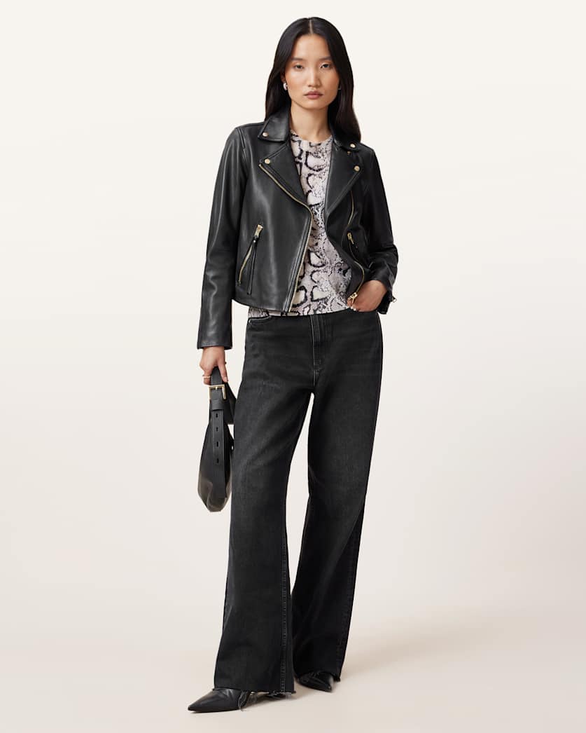 all saints Dalby Slim Fit Leather Biker Jacket BLACK/GOLD