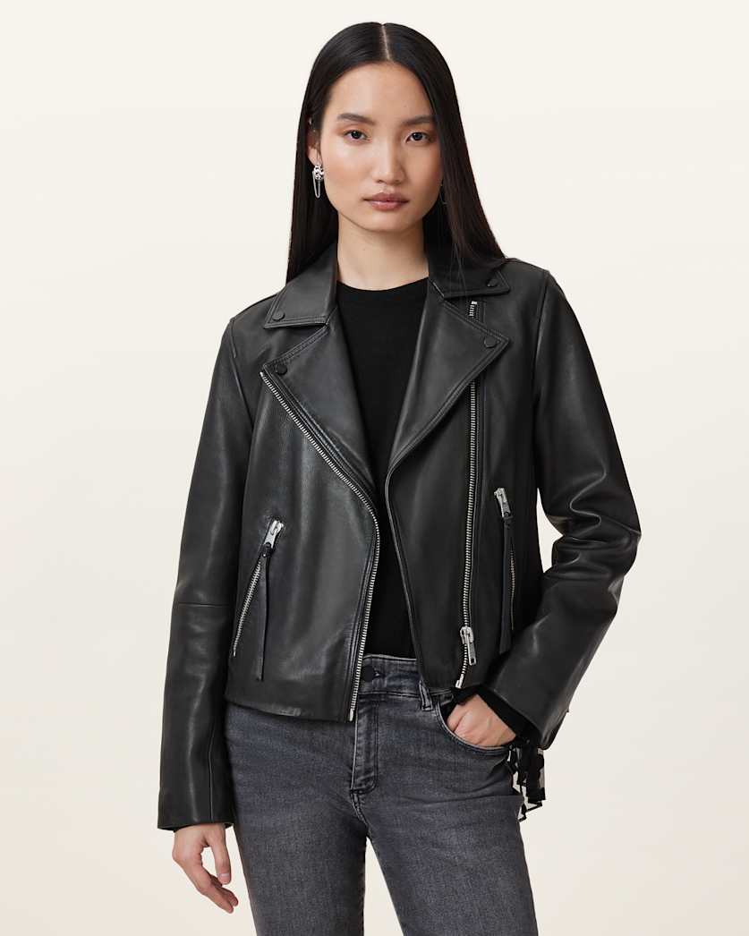 all saints Dalby Slim Fit Leather Biker Jacket Black