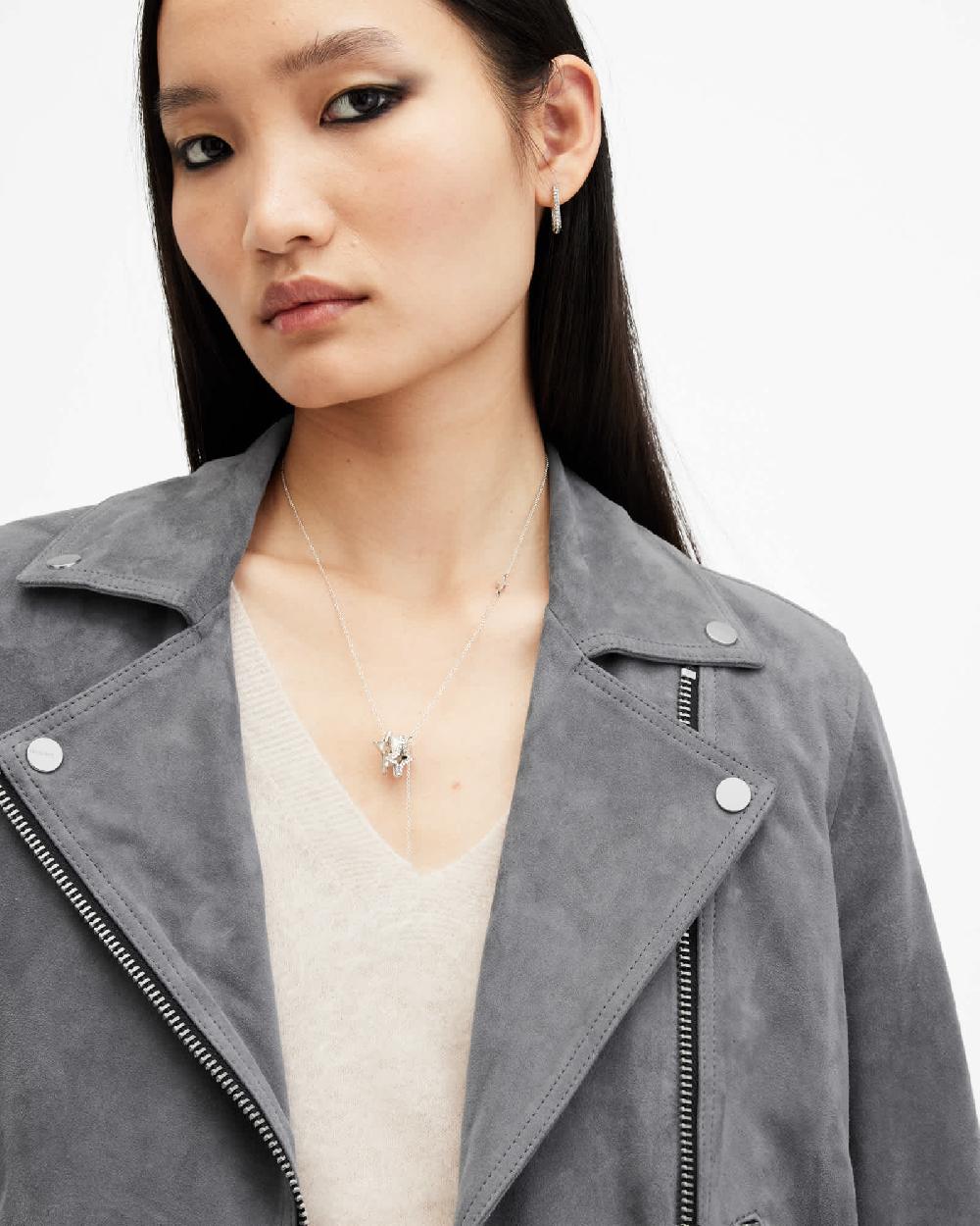 All Saints Dalby Slim Fit Suede Biker Jacket Ghost Grey