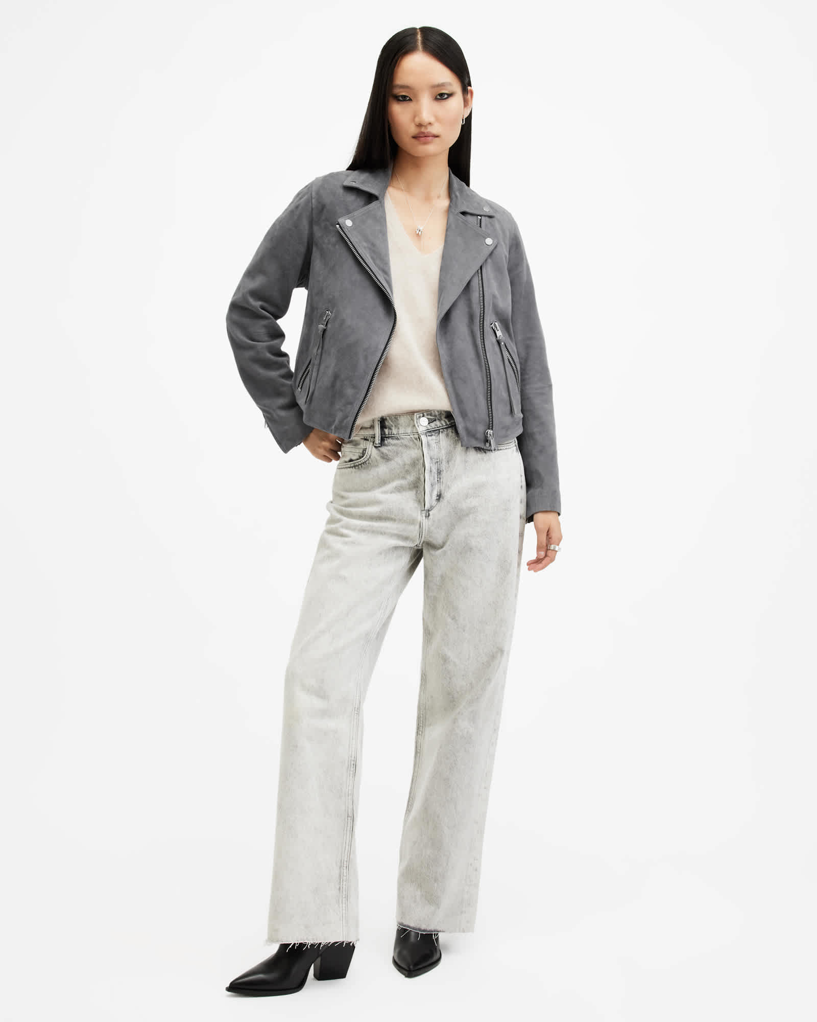 All Saints Dalby Slim Fit Suede Biker Jacket Ghost Grey